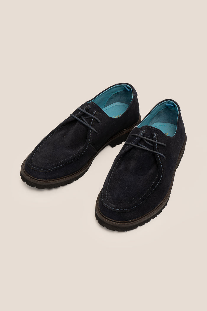 Joshua navy suede Wallabee shoes for men by Oswin Hyde – luxurious casual moccasin-style footwear with soft suede and cushioned insole for all-day comfort.