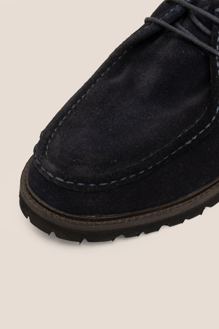 Joshua navy suede Wallabee shoes for men by Oswin Hyde – luxurious casual moccasin-style footwear with soft suede and cushioned insole for all-day comfort.