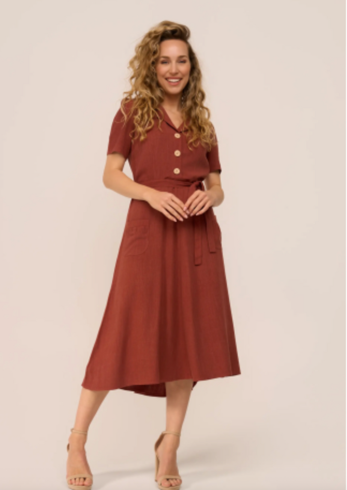 Kleid Revers Leinen-Midikleid, 40's in Terracotta, Plus Size