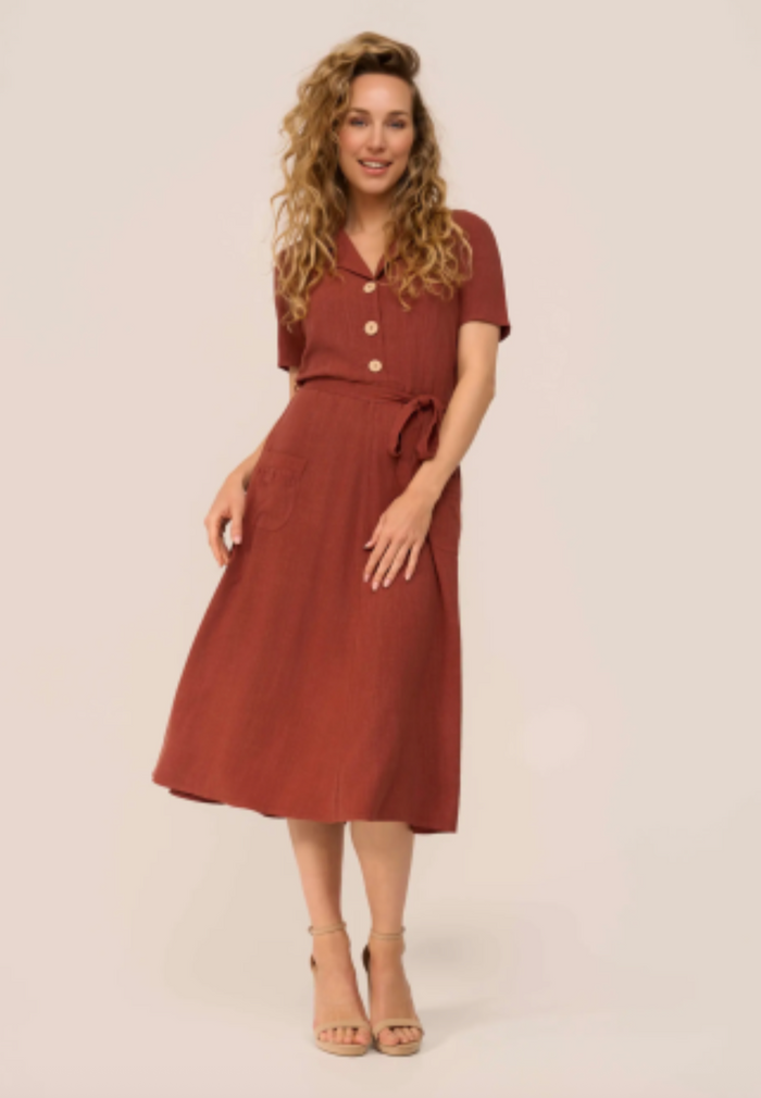 Kleid Revers Leinen-Midikleid, 40's in Terracotta, Plus Size