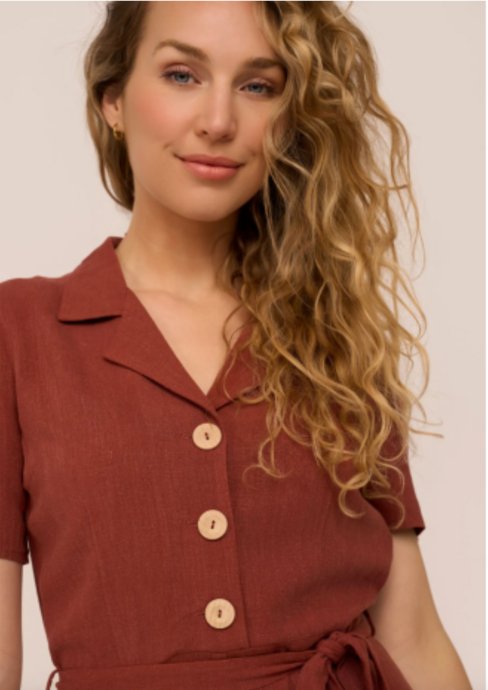 Kleid Revers Leinen-Midikleid, 40's in Terracotta, Plus Size