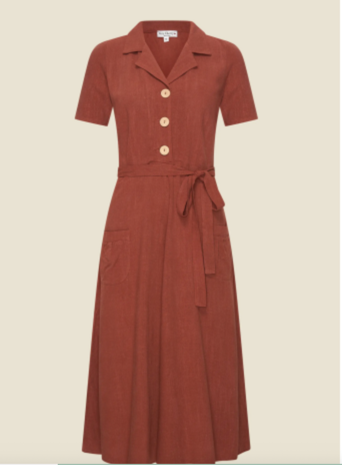 Kleid Revers Leinen-Midikleid, 40's in Terracotta, Plus Size