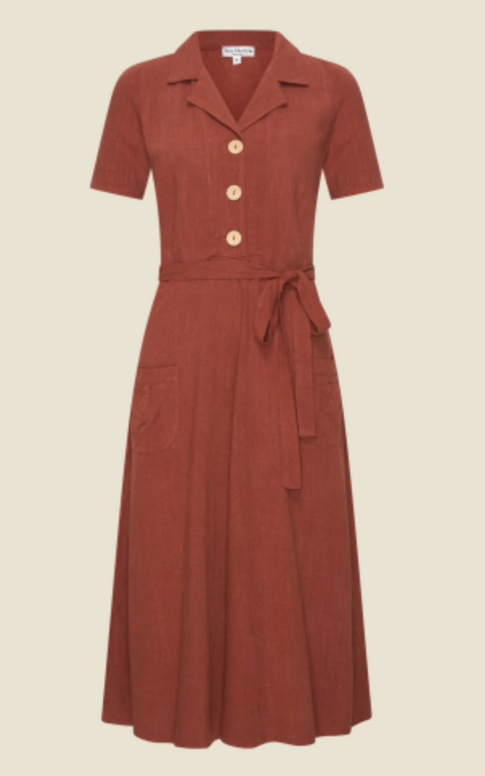 Kleid Revers Leinen-Midikleid, 40's in Terracotta