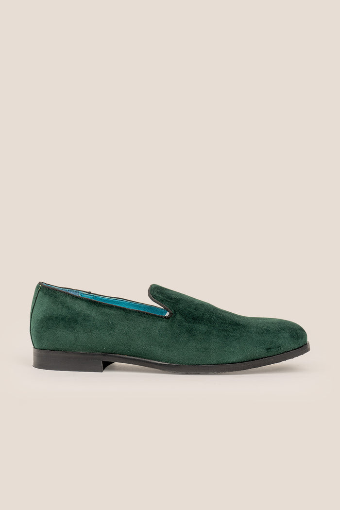Lennox green velvet loafers for men with sleek finish, elegant shape, and bold colour – ideal for formal, evening, or smart casual dressing.