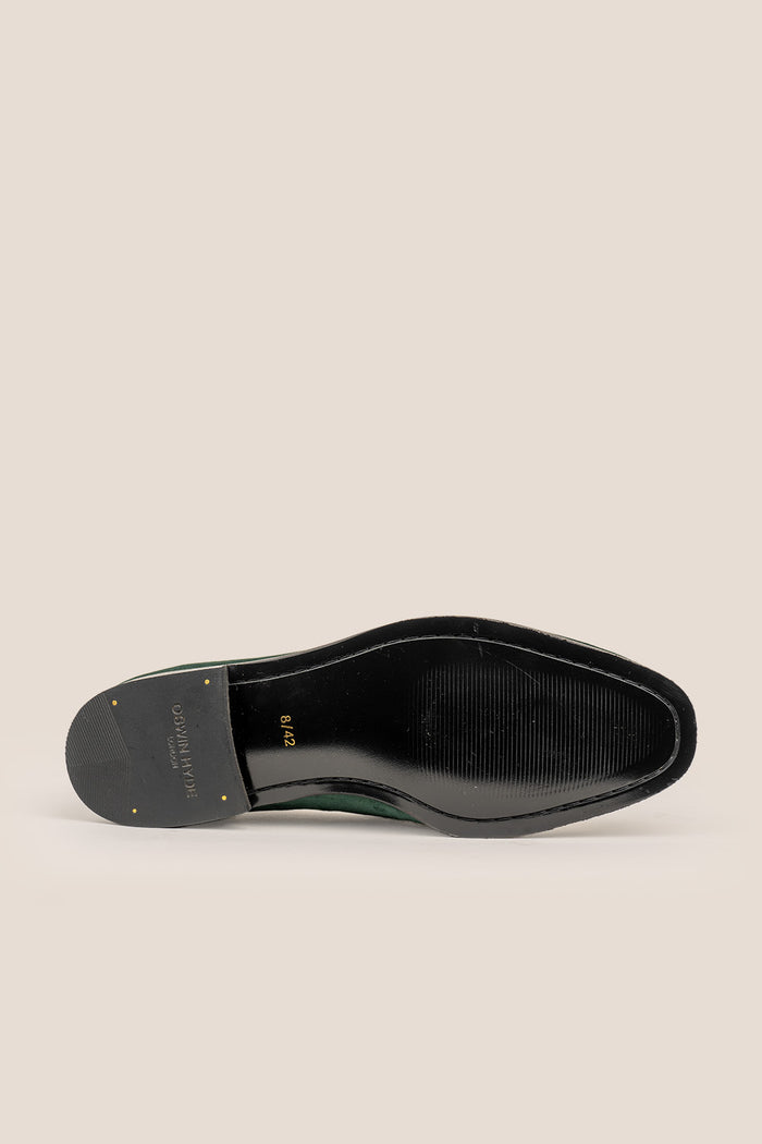 Lennox green velvet loafers for men with sleek finish, elegant shape, and bold colour – ideal for formal, evening, or smart casual dressing.