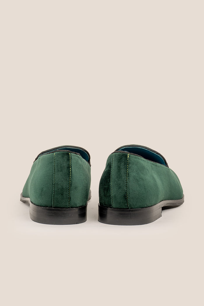 Lennox green velvet loafers for men with sleek finish, elegant shape, and bold colour – ideal for formal, evening, or smart casual dressing.