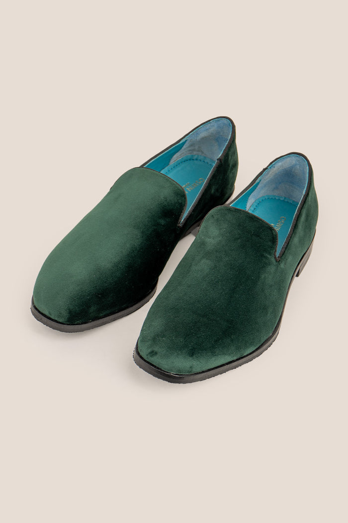 Lennox green velvet loafers for men with sleek finish, elegant shape, and bold colour – ideal for formal, evening, or smart casual dressing.
