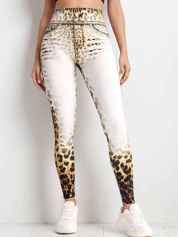 Leopard Print Denim Bum Gradient Leggings