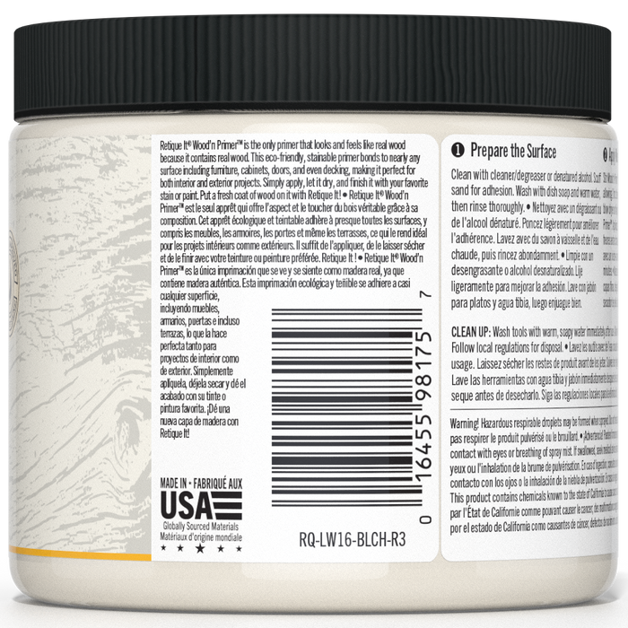 Retique It Liquid Wood Wood'n Primer in Bleached Wood, 16 fl oz, showing the primer applied to a wooden surface.
