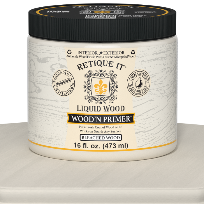 Retique It Liquid Wood Wood'n Primer in Bleached Wood, 16 fl oz, showing the primer's smooth, light-colored wood finish.