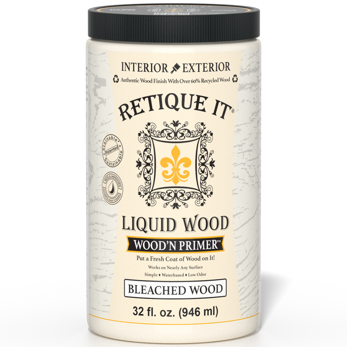 Retique It Liquid Wood Wood'n Primer in Bleached Wood finish, 32 fl oz, showing the primer applied to a wooden surface.