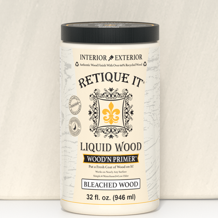 Retique It Liquid Wood Wood'n Primer in Bleached Wood color, 32 fl oz, showing the primer bottle with label and product details.