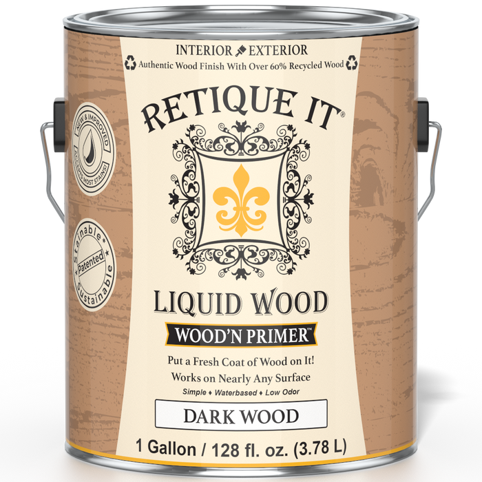 Retique It Liquid Wood Wood'n Primer in Dark Wood, 128 fl oz, showing the dark-colored primer in a container.