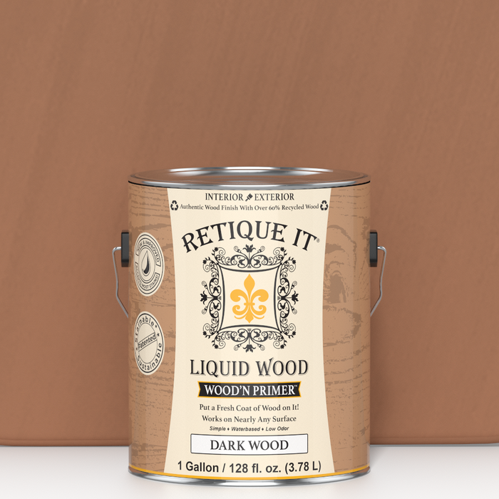 Dark wood Liquid Wood Wood'n Primer by Retique It in a 128 fl oz container, shown as a sample swatch for wood surface preparation.
