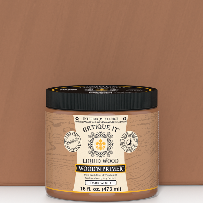 Retique It Liquid Wood Wood'n Primer in dark wood shade, 16 fl oz, shown as a color swatch for priming surfaces with dark wood finish.