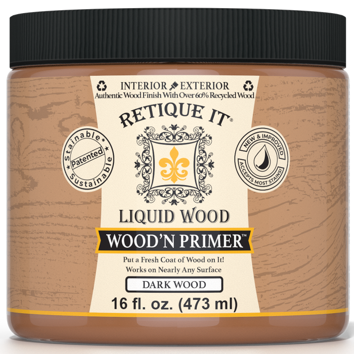 Retique It Liquid Wood Wood'n Primer in dark wood finish, 16 fl oz, applied on a surface for wood-like finishing.