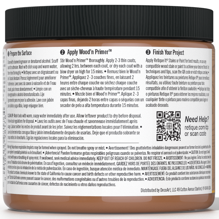Retique It Liquid Wood Wood'n Primer in dark wood finish, 16 fl oz, showing the primer applied on a wooden surface.