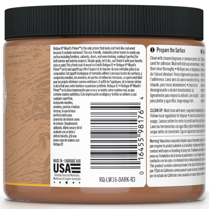 Retique It Liquid Wood Wood'n Primer in dark wood finish, 16 fl oz, shown in the image with dark wood texture and application tools.