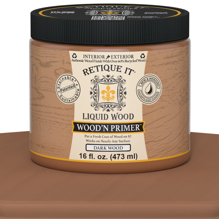 Retique It Liquid Wood Wood'n Primer in Dark Wood color, 16 fl oz, showing the primer container with dark wood finish label.