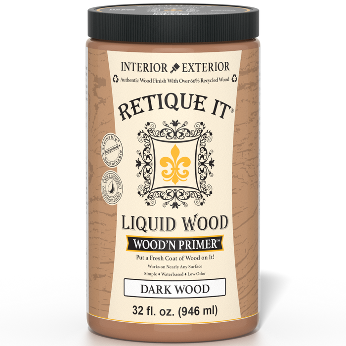 Dark wood liquid primer by Retique It in a 32 fl oz container, designed for preparing surfaces for wood finishes.