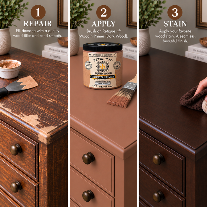 Three-step cabinet refinishing guide: repair damage, apply Retique It Wood’n Primer in Dark Wood, then apply wood stain.