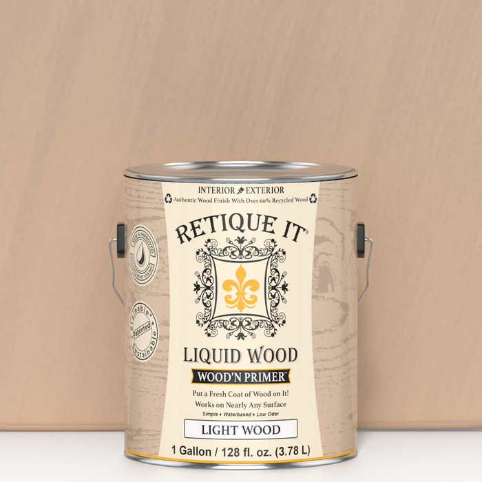 Swatch of Retique It Liquid Wood Wood'n Primer in Light Wood color, 128 fl oz, showing the primer's light wood tone and texture.