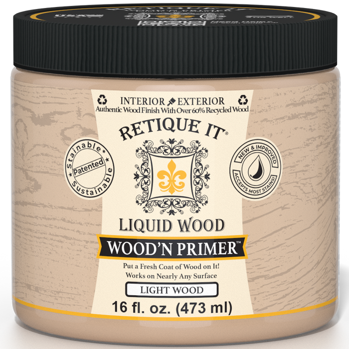 Retique It Liquid Wood Wood'n Primer in Light Wood, 16 fl oz, showing the primer applied on a wooden surface for a smooth finish.