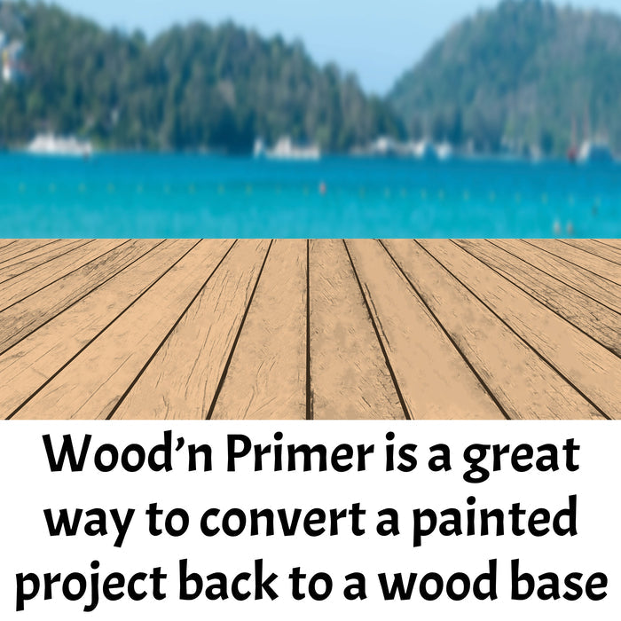 Retique It Wood'n Primer for light wood surfaces, shown on a deck, designed for priming and preparing wood for staining or painting.