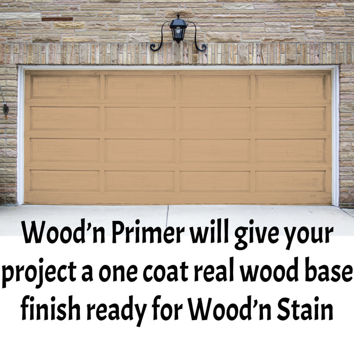 Retique It Wood'n Primer in Light Wood finish, showing two coats applied over a garage door for a smooth, primed surface.