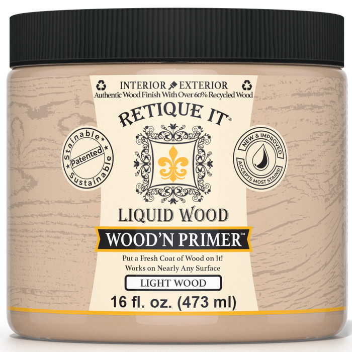 Retique It Wood'n Primer in light wood color, a primer for wood surfaces, shown in a close-up image.