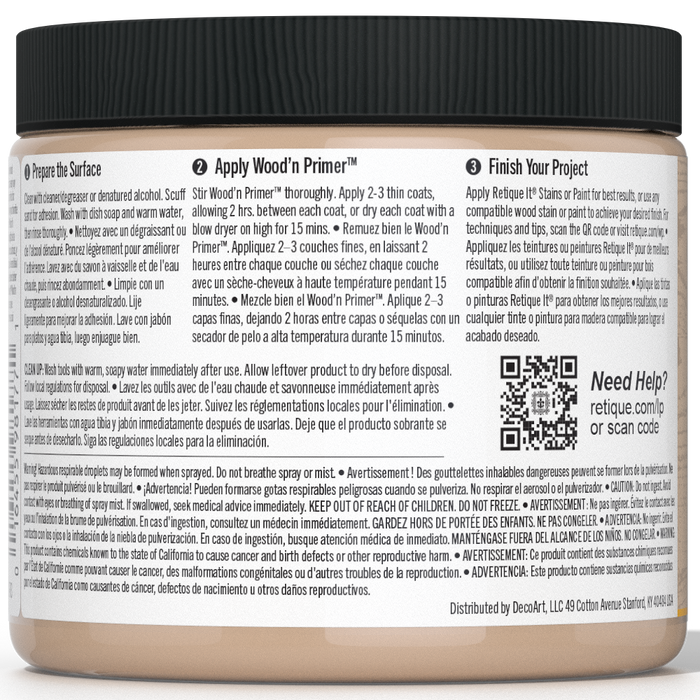 Retique It Wood'n Primer in light wood color, a primer for wood surfaces, shown in a close-up image.