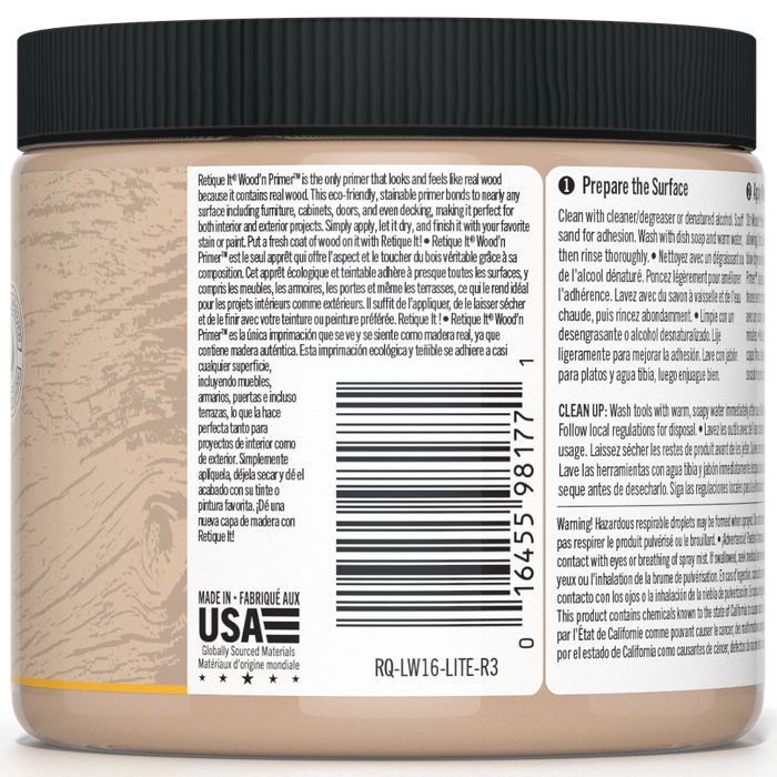 Retique It Wood'n Primer in light wood, a primer for wood surfaces, shown from the back side in the image.