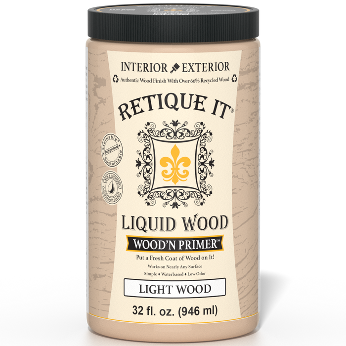 Retique It Liquid Wood Wood'n Primer in Light Wood, 32 fl oz, showing the primer's smooth application on wood surface