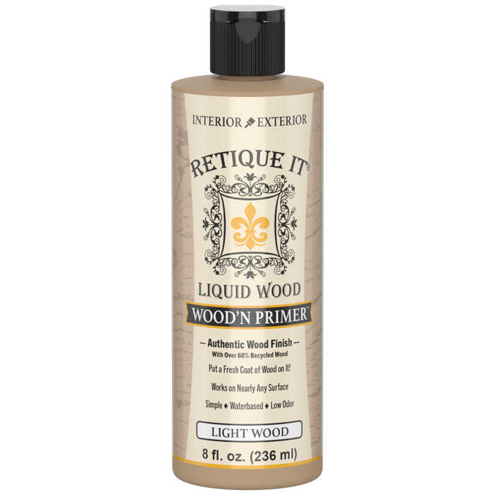 Retique It Liquid Wood Wood'n Primer in Light Wood, 8 fl oz, showing the primer container and sample of light wood finish.