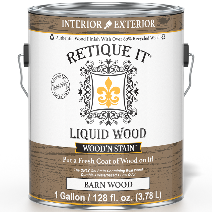 Retique It Liquid Wood Wood'n Stain in Barn Wood color, 128 oz, showcasing the stain applied to wood for a natural finish.