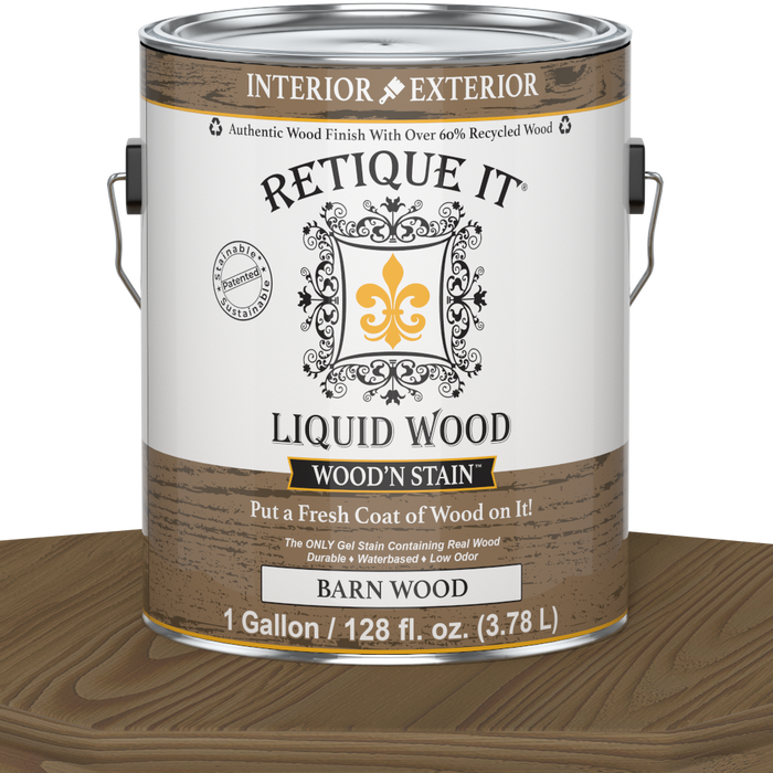 Liquid Wood Wood'n Stain by Retique It in Barn Wood finish, 128 oz, showcasing the stain's rich wood tone and smooth application.