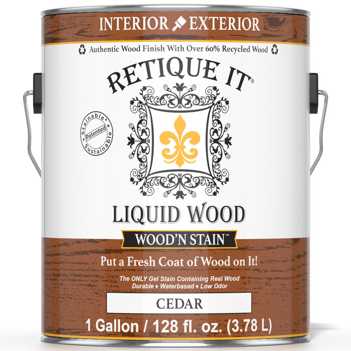 Liquid Wood Wood'n Stain in Cedar by Retique It shown in a 128 oz container, designed for staining wood surfaces with a cedar finish.