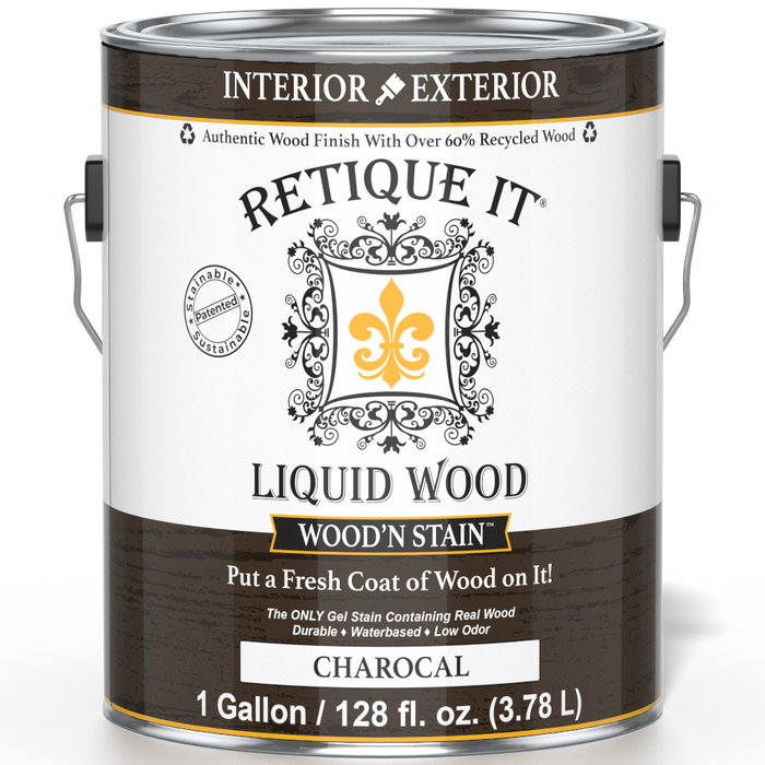 Liquid Wood Wood'n Stain by Retique It in Charcoal, 128 oz, showing the front label and product packaging.