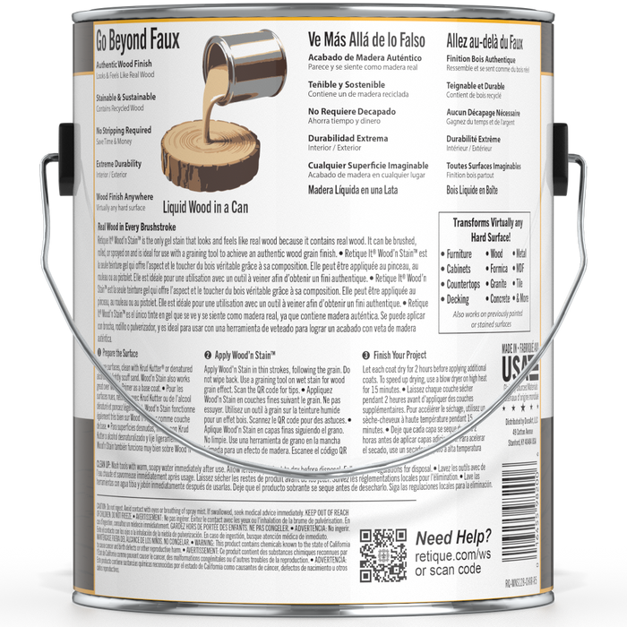 Retique It Liquid Wood Wood'n Stain in Charcoal, 128 oz bottle, showcasing the stain's deep charcoal color and container.