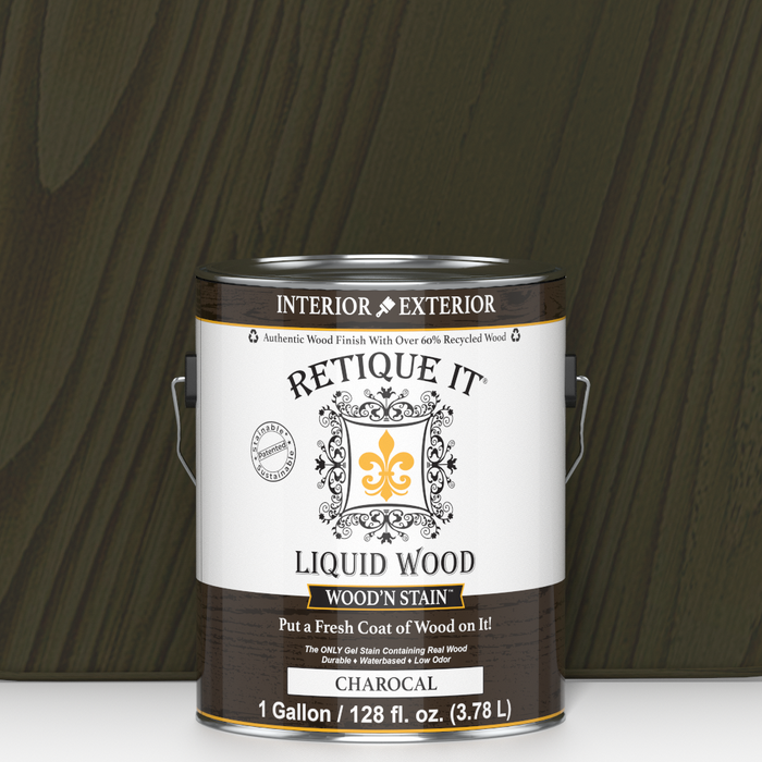 Retique It Liquid Wood Wood'n Stain in Charcoal, 128 oz container, showing the stain's dark charcoal color and wood surface application.