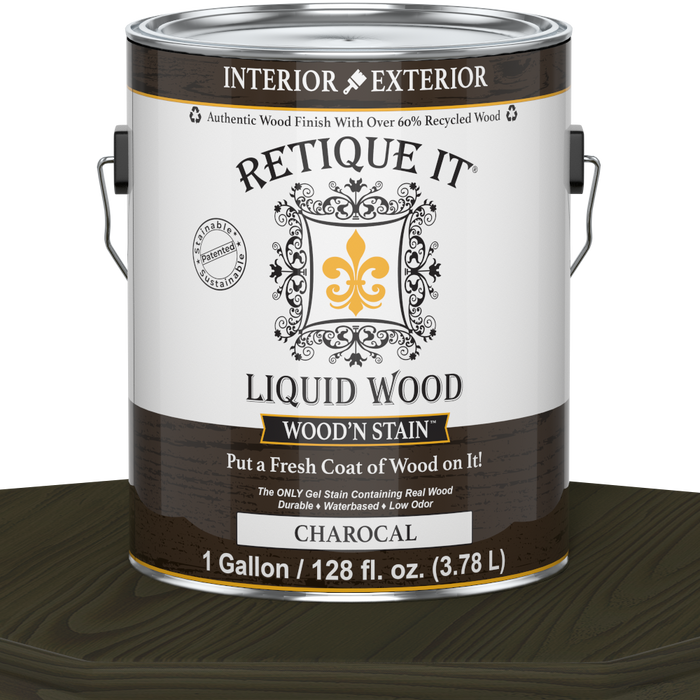 Liquid Wood Wood'n Stain by Retique It in Charcoal, 128 oz bottle, showcasing the dark stain liquid for wood finishing applications.