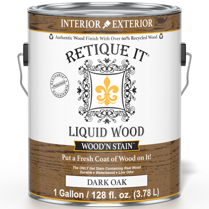 Retique It Liquid Wood Wood'n Stain in Dark Oak, 128 oz, showing the front label of the stain container.