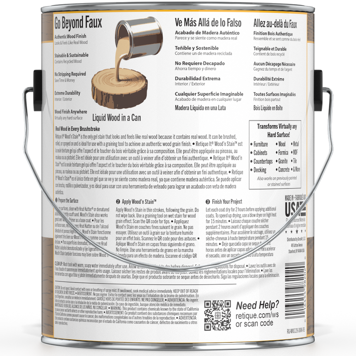 Liquid Wood Wood'n Stain by Retique It in Dark Oak, 128 oz, showcasing the deep rich stain color and wood grain detail.