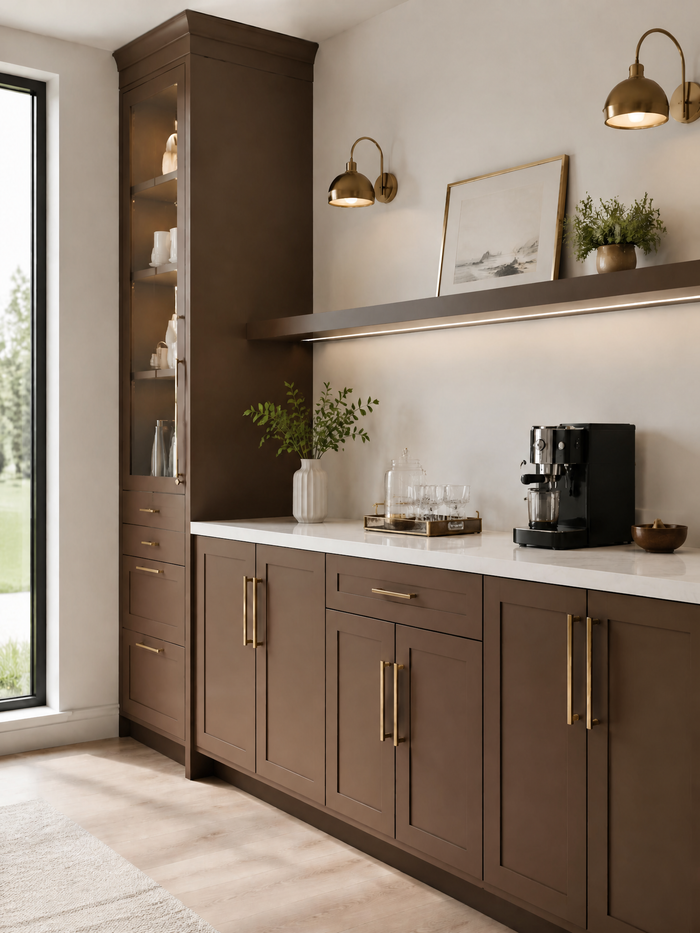 Modern kitchen and coffee bar with dark oak cabinetry, brass hardware and wall sconces, white countertop, black espresso machine, open shelving, and decorative greenery.