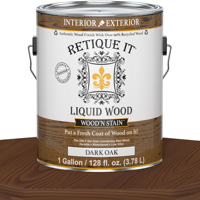 Liquid Wood Wood'n Stain by Retique It in Dark Oak, 128 oz, showcasing the dark oak stain applied to wood surface.