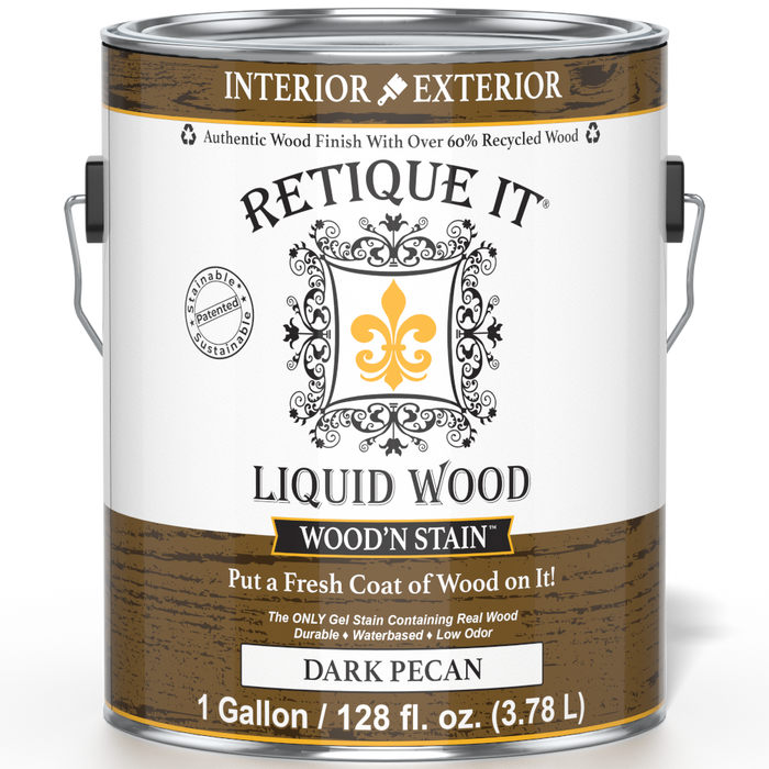Retique It Liquid Wood Wood'n Stain in Dark Pecan, 128 oz bottle, showing the stain's rich dark pecan color and product label.