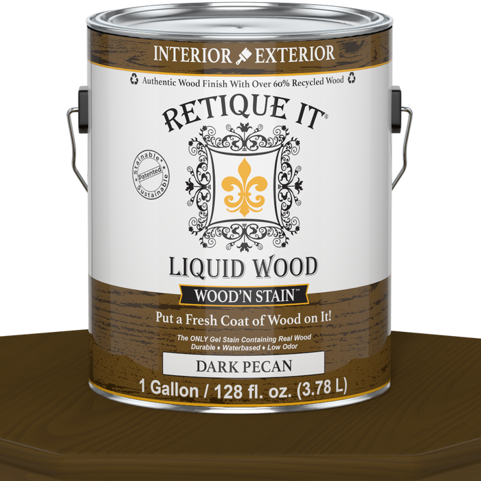 Liquid Wood Wood'n Stain in Dark Pecan by Retique It, 128 oz bottle, showing the dark stain color and product packaging.