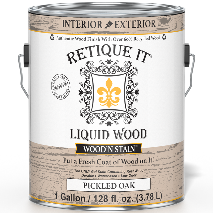 Retique It Liquid Wood Wood'n Stain in Pickled Oak, 128 oz, showing the front view of the stain container with label details.