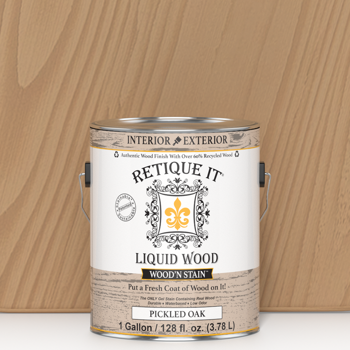 Liquid Wood Wood'n Stain in Pickled Oak by Retique It, 128 oz bottle, showing the stain color and product packaging.