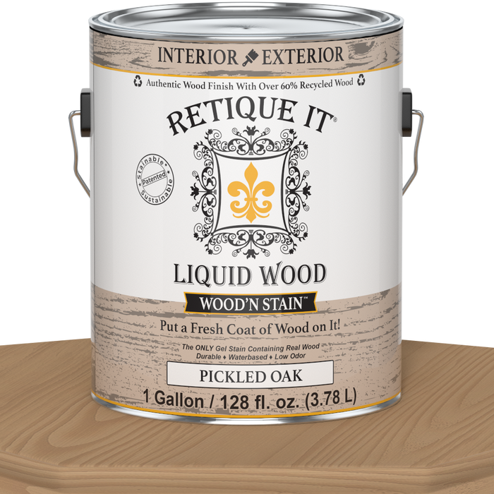 Retique It Liquid Wood Wood'n Stain in Pickled Oak, 128 oz, showing the stain container with natural wood finish and label.